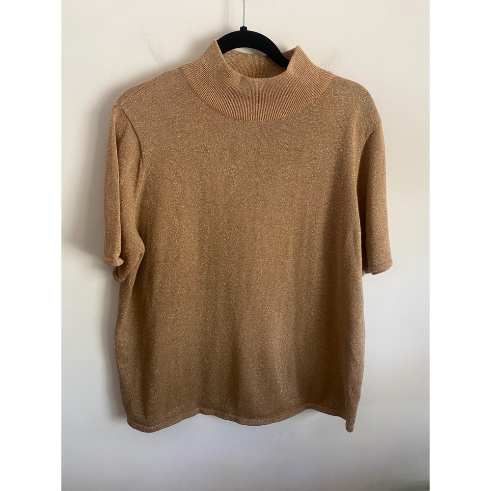 Pierre Cardin Options II Gold Metallic Mock Neck Short Sleeve Sweater XL